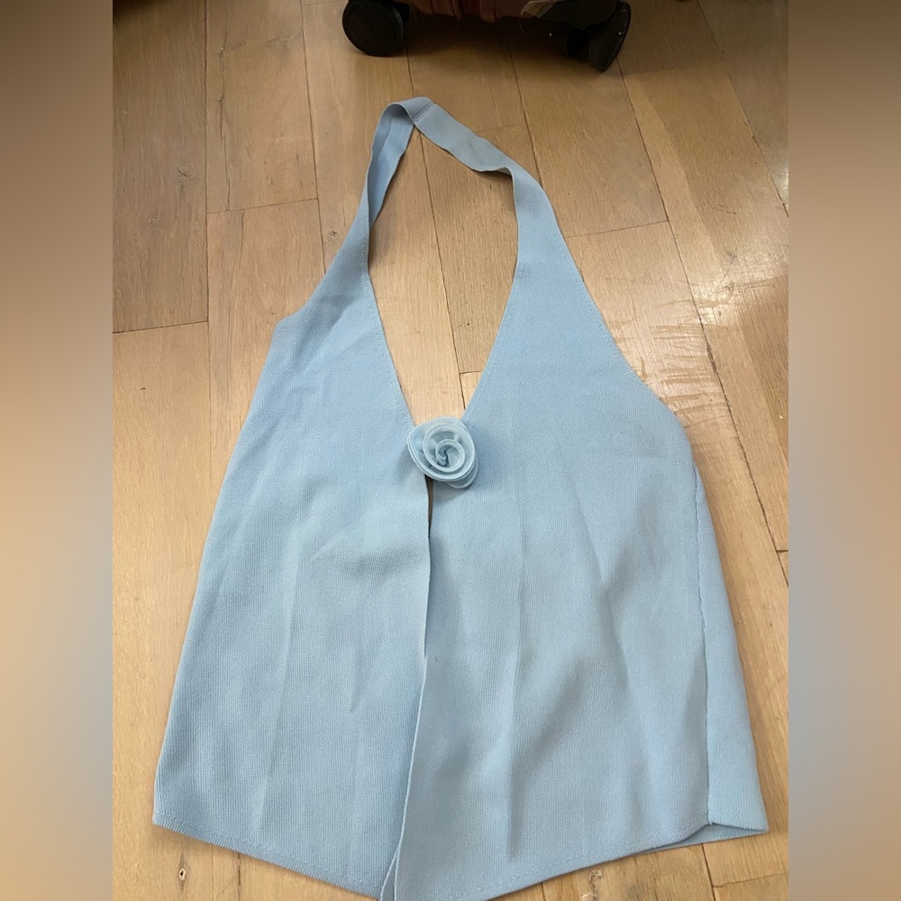 Light Blue Halter Top with Flower Accent